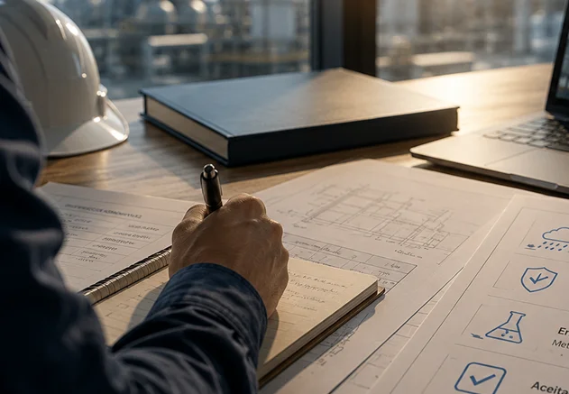 Engineer reviewing technical drawings and acceptance criteria for a coating project