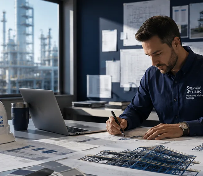 Sherwin-Williams engineer reviewing drawings and technical plans for an industrial unit
