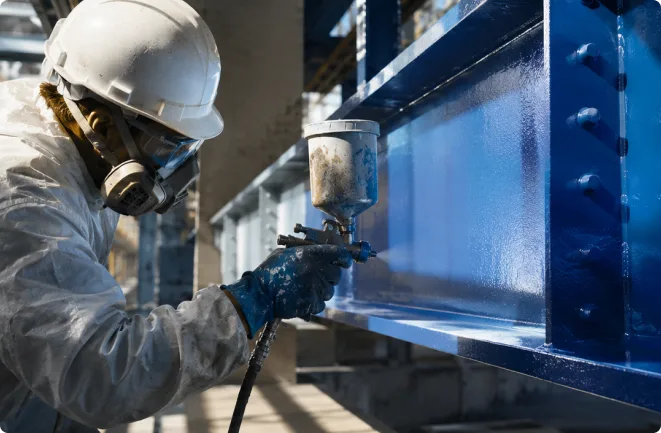 Applicator wearing respiratory protection coating a structural steel beam