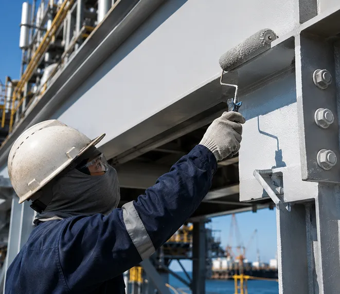 Applicator rolling coating onto a steel beam at an industrial site