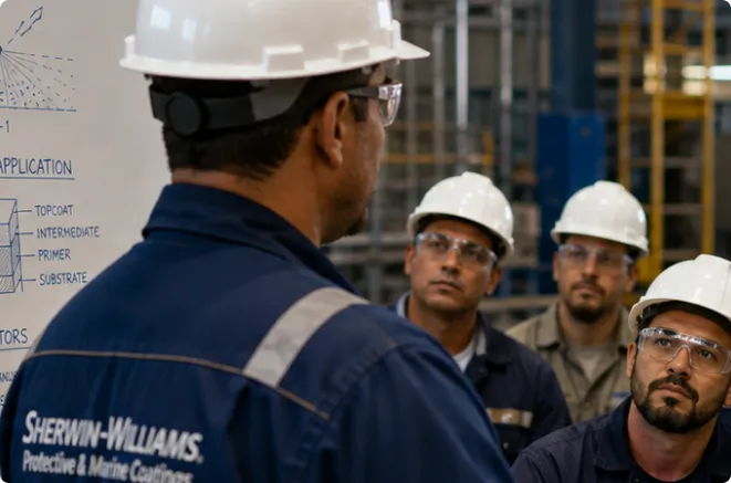 Sherwin-Williams instructor walking applicators through a coating system diagram